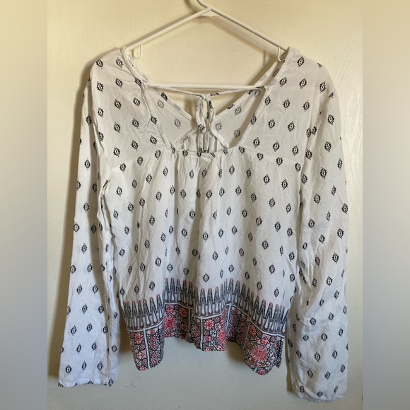🌞Roxy V Neck White Boho Print Tie Back Keyhole Long Sleeve Flowy Blouse #Gr - Picture 10 of 10